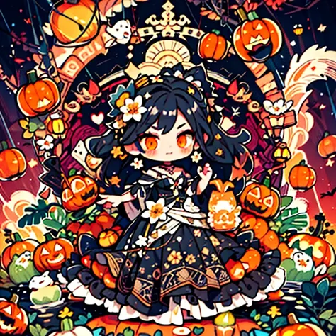 2d-chibi,A captivating female figure in a flowing black dress, hair embellished with vibrant orange pumpkins and flowers. Enchanting makeup radiates a mystical presence against a backdrop of dark ornate patterns and floating pumpkin lanterns, rendered in v...