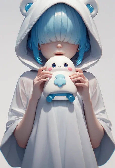 A small phantom baby with pale skin and transparent light blue hair covering his eyes and wearing a white hood