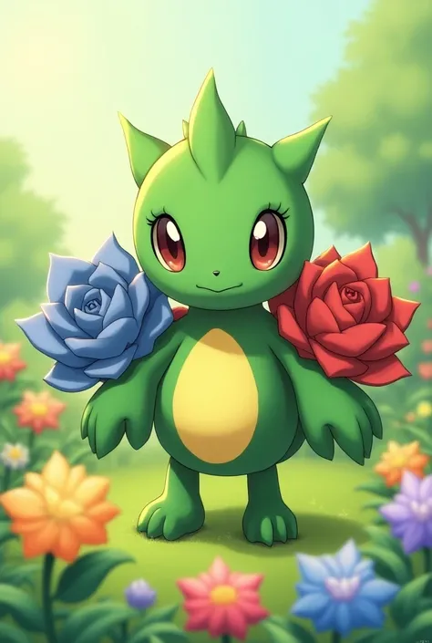   Roselia stands in the midst of a blooming garden with bright flowers around her .  The colors are lively and radiate a peaceful atmosphere .  Roselia is a small ,  two-legged humanoid Pokémon , The both light ,  and dark green , yellow,  red and blue app...