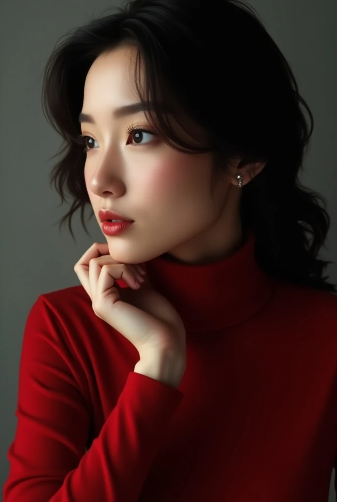 photorealism: 1.2), profile photo of a beautiful woman, sitting, wearing a red turtleneck, dark hair and eyes. realistic. beautiful and well-made hands