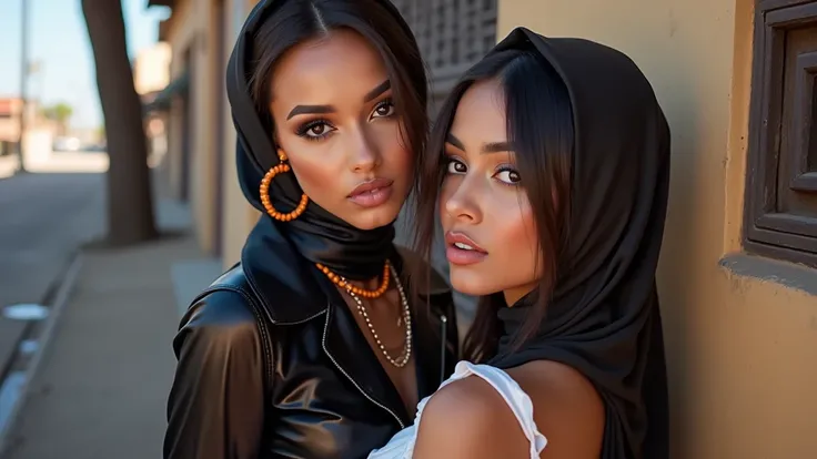 Two very beautiful African Ethiopian slutty girls with orange jewelry on an old sidewalk in the heat of Africa, very dark skin, seductive red lips and intense erotic smoky eyes with long eyelashes and wide eyeliner,  and a glossy satin hijab with latex ext...