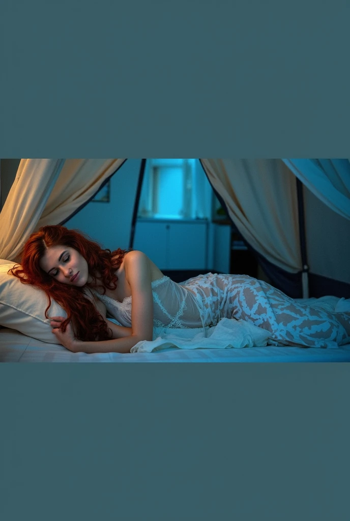 Young woman in a sheer nightgown laying on her side in bed in tent, dark long curly red hair, late night, dim lighting. Full body view, closed eyes, bare feet on top of each other.