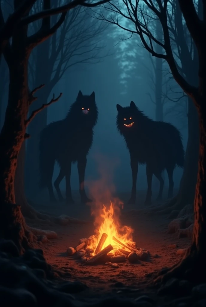 campfire, werewolves silhouette and red eyes in background, , animated movie scene, background artwork, lovecraftian background, in a spooky forest, concept art of a dark forest. 