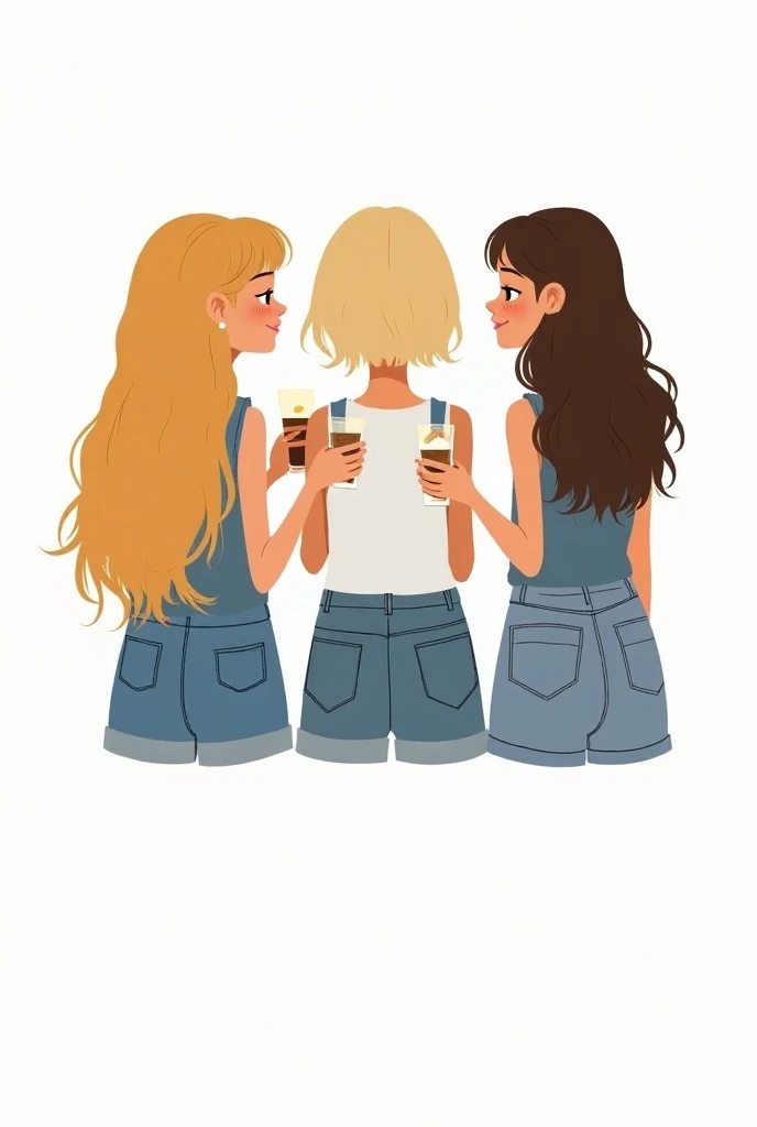 Dessin de trois fille meilleures amies de dos en jean avec un verre à la main, A tall blond girl with long hair ,  a tall brown girl with long hair {x} a tall brunette girl with long hair {x} a tall brunette girl with long hair {x} a tall brunette girl wit...