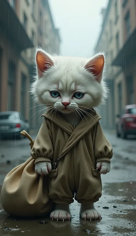  create the image of a white kitten,  looking very sad , wearing a beggars outfit , Dirty and torn old ,  carrying a large, heavy bag dragging on the street, in gray and rainy weather 