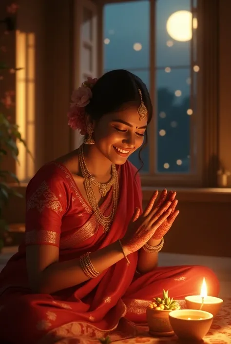 (photorealism:1.2), The wife, dressed in a traditional red saree with golden embroidery, sits gracefully on the floor with soft cushions around her. The setting is a beautifully lit room with dim, golden light casting a warm glow. In the background, large ...