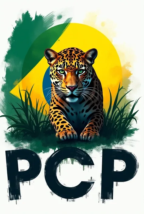 Create the logo of a political party with the initials PCB and with the colors of Brazil with a painted jaguar in the background 