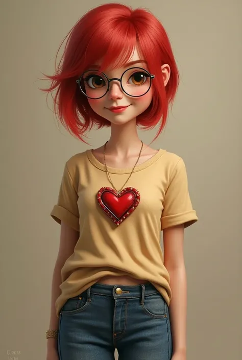  bob girl with red strands on the front .  in round glasses with a Russian heart badge .beige top and flared jeans .
 brown eye .