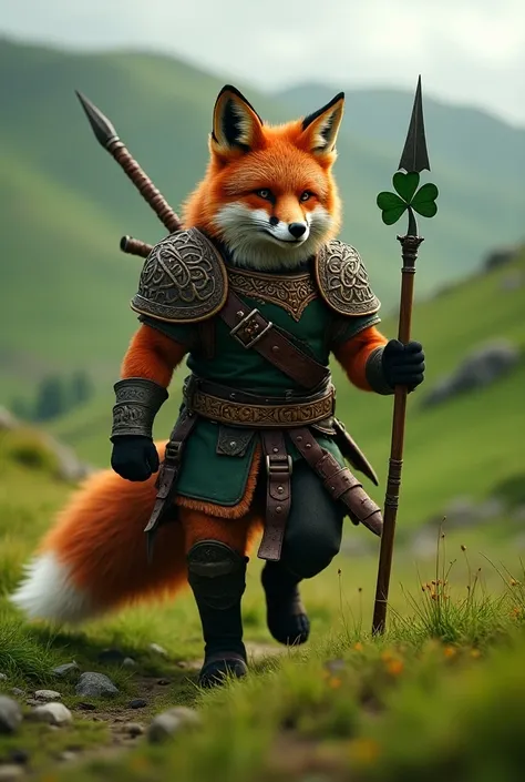 A fierce red fox warrior in leather armor trimmed with Celtic symbols. Carrying a shamrock-tipped spear, it navigates the lush green hills as Ireland awakens from winter, representing luck and the Irish springs new beginnings.