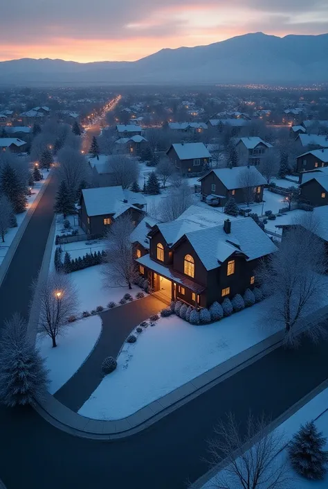  Aerial view of a quiet suburban neighborhood in Utah at sunrise. Houses lined up on clean streets ,  with the Powells home in the center of the image ,  lights out and the cold, desolate environment of winter ,  with a light layer of snow covering the lan...