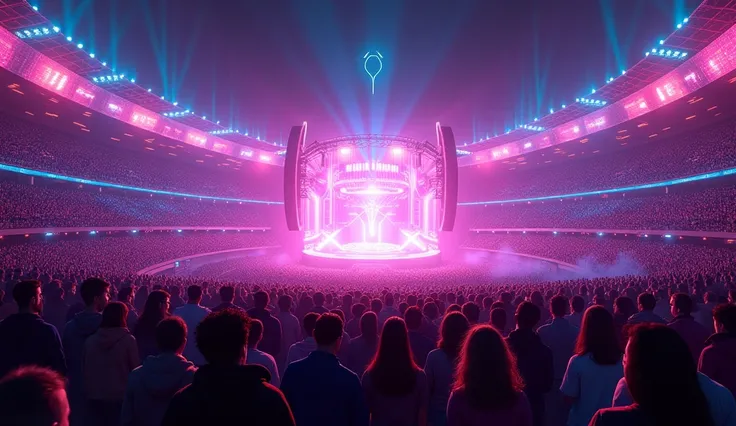 Show crowd in stadium with stage in neon light
