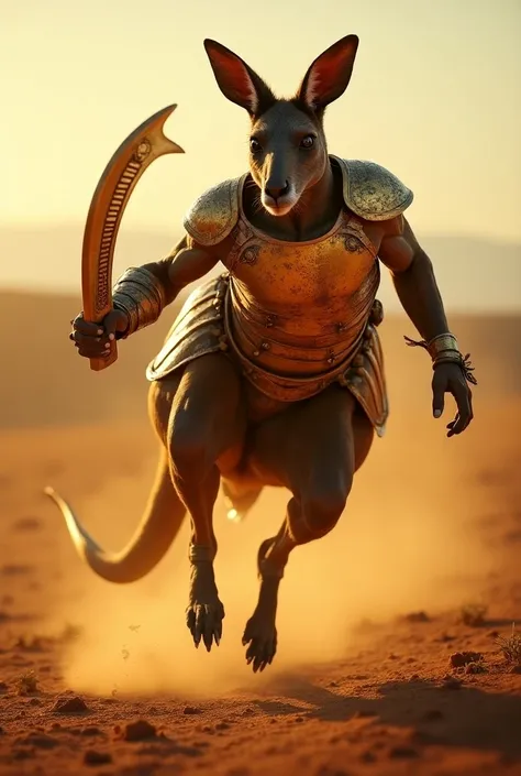 A bold kangaroo warrior in sun-reflecting bronze armor, carrying a boomerang with edges like the setting sun. It bounds across the Outback, showcasing strength and agility under the Southern Hemispheres start of winte