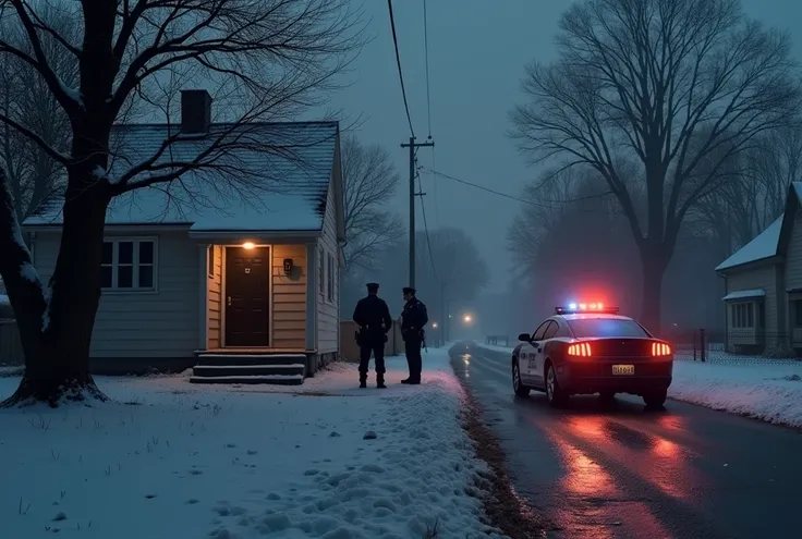  A police car parked in front of a modest house ,  with flashing lights reflected in the snow on the road . Officers ,  standing in front of the front door ,  knock while the windows remain dark .  The gray sky and the absence of movement intensify the sen...