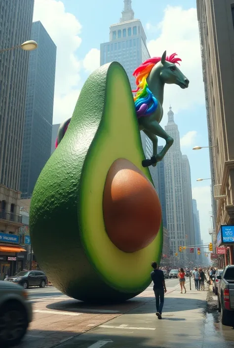 Giant avocado is with giant rainbow dashOn the giant side of the city while a  is passing by and they almost step on it