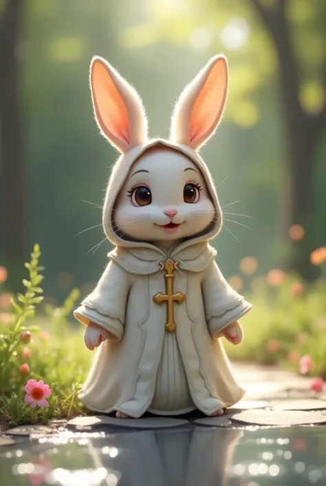 Cute bunny (Male)   priests robe with hood  , Trouser stable is open  .  In front of him is a glittering white puddle