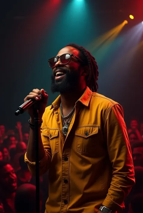 Create a Reggae artist performing at a concert wearing sunglasses, close view with the microphone.