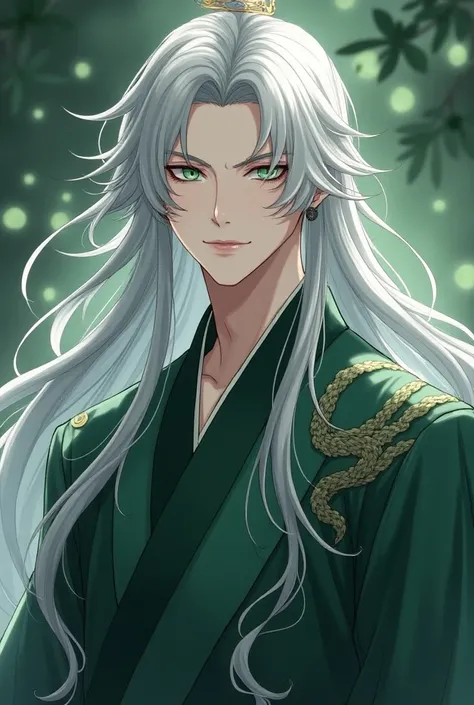  Chinese anime characters with long gray white hair and green eyes, Luo Binghe , art of Velinxi , Anime portrait of a handsome man,  full body, wuxia, ropa hanfu,  a bit of snake scales ,  heavenly demon  