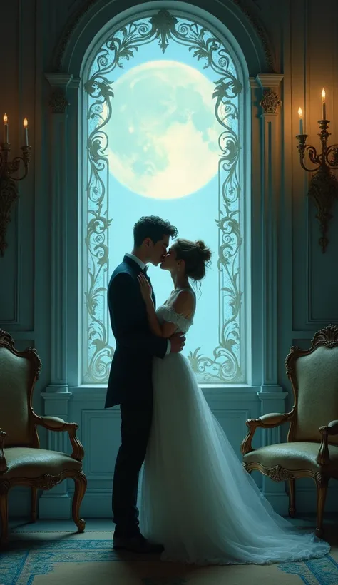 Fantasy painting.  Guy and girl in retro white clothes in the palace room kissing in the night under the moonlight in window.