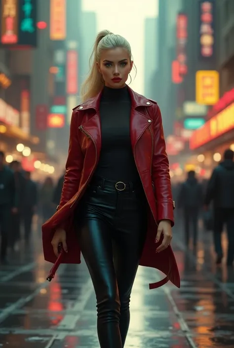 City energy :  A girl about 23 years old walks along the main street of the mega polis .  Her platinum hair is in a ponytail ,  and the bright red lipstick underlines her confidence .  She is wearing a stylish leather coat ,  whose floors flutter slightly ...