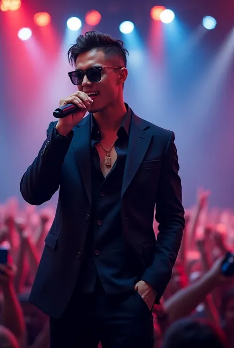 Create a male Popstar artist performing at a concert wearing sunglasses, close view with the microphone.