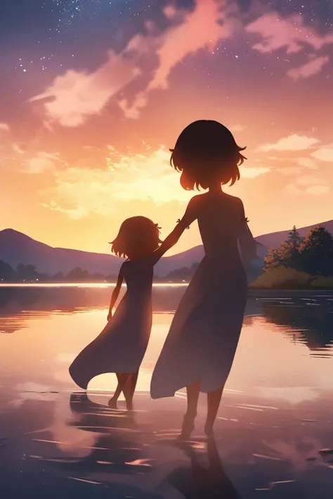 /imagine prompt: Viral anime nature wallpaper in 4K quality, in the style of photography with a 35mm lens inspired by Makoto Shinkai, capturing a breathtaking sunset over a tranquil lake, the sky painted in hues of orange and pink, with a silhouette of mou...