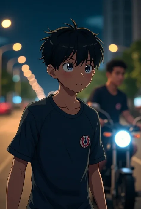  Generate a teenager with short black hair, That he likes soccer , The motorcycles and go out on the street and let it be trigueño de piel at night in anime