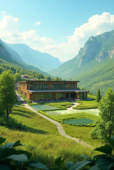 Nature school with large windows in a volgy that is a hotbed of crop production