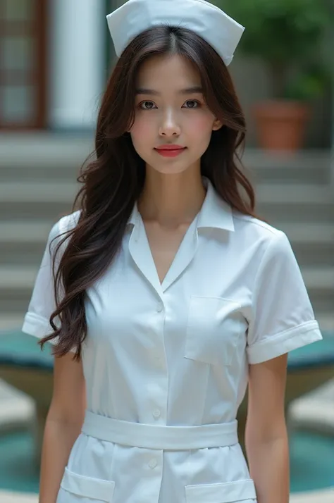 A photo of a 19 year old girl in full nurse uniform with seductive pose, (two heads) with long dark brown hair and natural looking makeup. She should be looking directly at the camera and smiling while standing. The focus should be on your face without vis...