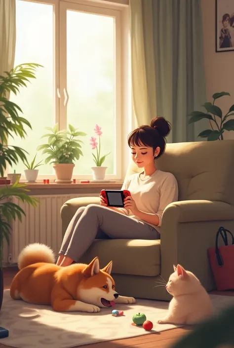 woman having lazy day with Japanese switch  dog and cat