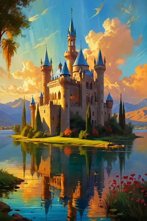 picture,  Arabian castle ,  sitting on a small island in the middle of the lake, beautiful castle, ,  located in the castle , A huge floating castle,  luxurious castle , magic castle, inside an epic gothic castle, gothic castle,  an abandoned castle ,  wit...