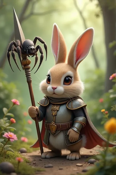 Cute bunny in knight costume holding a spear on which a spider is sitting