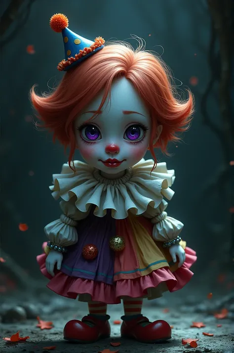  Create a book cover where it has a little clown with purple eyes ,Clown clothes and bells  ,  she has short hair ,  and in the middle of the image it says  " Clowns Tears Between Smiles and Shadows "
