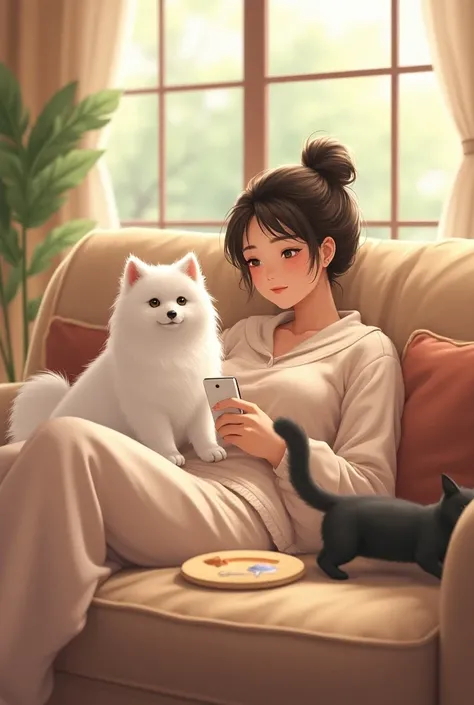 woman having lazy day with Japanese spitz dog and cat