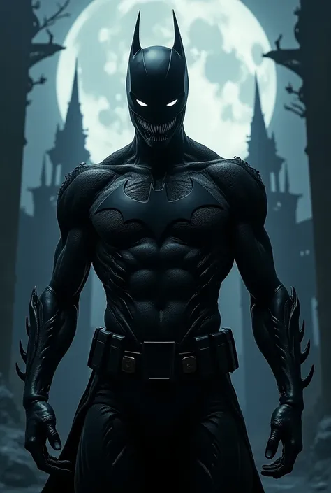 A captivating portrait of a superhero fusion, featuring a dark and mystical version of Venom and Batman. The superhero dons a black suit with intricate Venom-like designs and a Batman-inspired bat symbol on the chest. The overall aesthetic is a mix of anim...