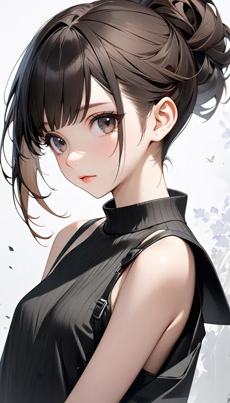 solo。woman、Age 19。Black Hair、 boyish shortcut 、Undercut。Real。 dark brown and black gradation eyes 。High quality。 High Resolution 、High image quality。 digital painting。Two-dimensional beautiful girl。Small breasts。The hairstyle is a shortcut that is at ear l...