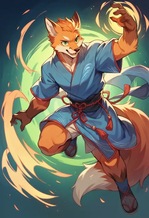 ((best quality)) ((masterpiece)) portrait, green eyes, magic, floating, sorcerer, fitness ginger fox, anthro, kawai, high detail, vibrant, fantasy city, asian clothes, male, 8k