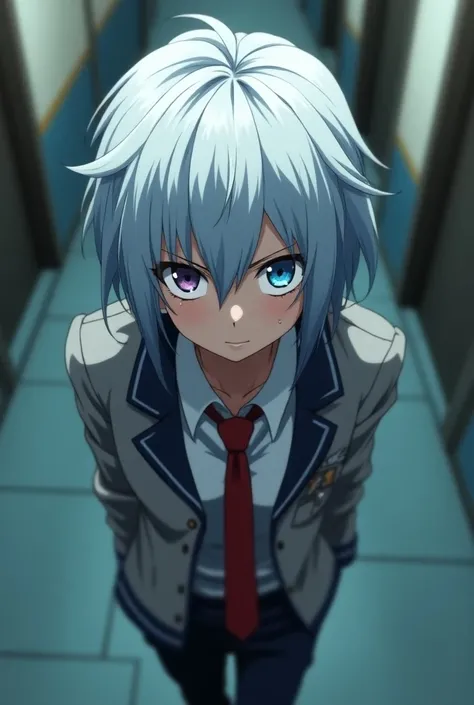  Screenshot Boku no hero Academia, Pretty woman, short white hair blue tips ,  Left eye blue right white eye with a scar, Expression would be  , Uniform grey jacket and red tie, walking, School hallway in the background, looking at the camera from below, a...