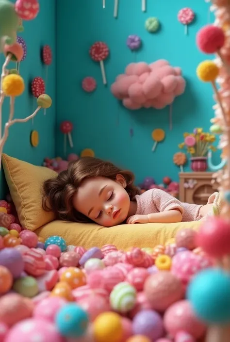  Create a drawing of a colorful room made of candies  .   The room has blue walls inside that room there is a candy bed and a doll is sleeping in that bed.  Above the doll with wavy brown hair is a cloud of melted chocolate 