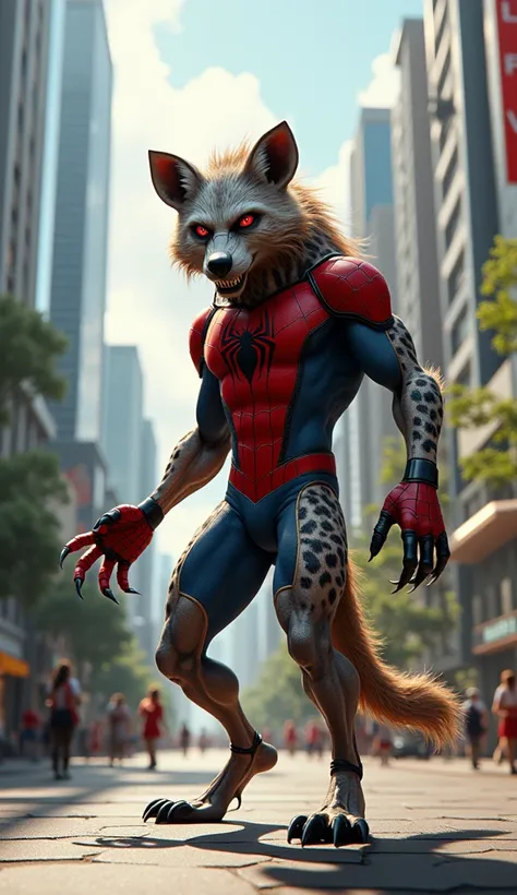 In a dynamic ultra-realistic scene, a fierce hybrid of hyenas and Spider-Man stands ready for action in a vibrant, new city filled with modern architecture and bustling life. This striking creature combines the agile build and athleticism of Spider-Man wit...