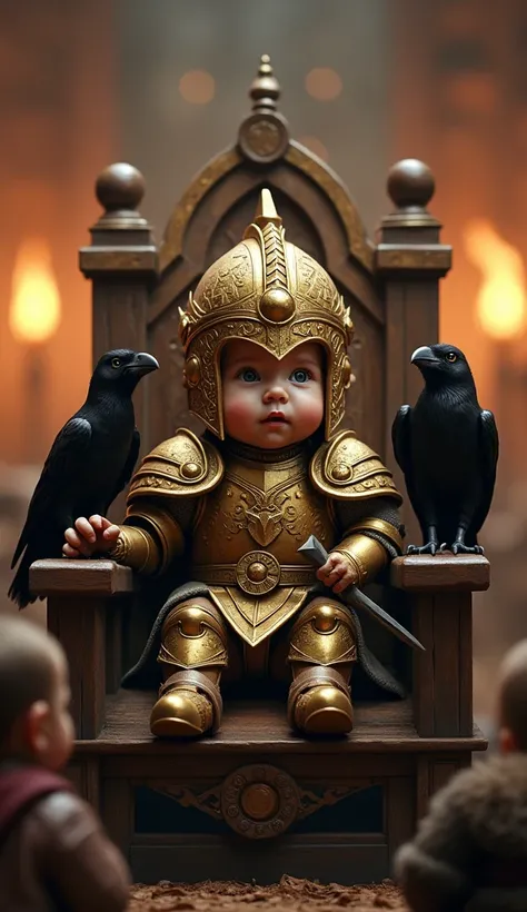 Photorealistic image of baby Odin, dressed in intricate golden armor with a shiny gold helmet featuring ornate Viking engravings. He sits proudly on a grand wooden throne inside a Viking hall, with two baby ravens perched on his small, armored shoulders. O...