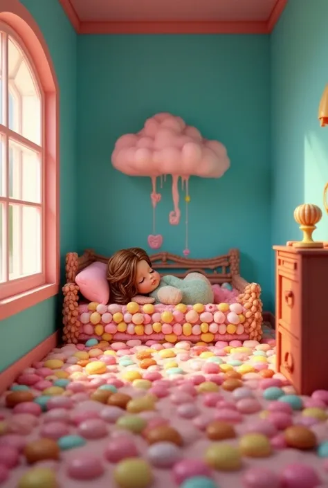  Create a drawing of a colorful room made of candies  .  The room has blue walls inside that room there is a candy bed and a doll is sleeping in that bed.  Above the doll with wavy brown hair is a cloud of melted chocolate 