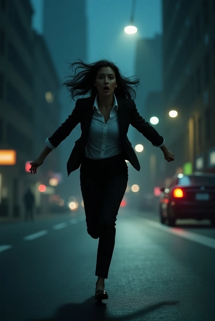 a dark night, a woman with black hair and office clothes, running down the street, afraid of something behind her. The art style should be similar to that found on DeviantArt and CGSociety, with rich, contrasting colors that enhance the womans emotions and...