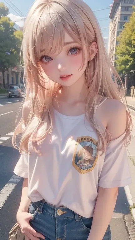  perfect quality, 、8K quality、masterpiece、Best Quality、real photos， too realistic ， realistic super photo ， Very detailed ， Aspiring girl ， like the whole body .，cute，close eyes，Smile， Long white hair ，Chip ，jeans，sneakers， sunlight ， I was carefully depic...