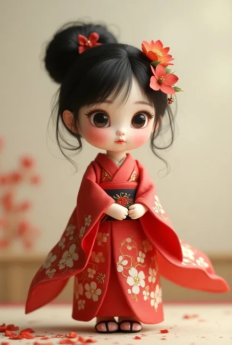 Little Japanese doll girl wearing a red kimono。smile。