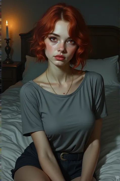  oil painting, 20-year-old girl , vampires, pale skinned,  with a calm expression looking at the camera ,  Short wavy hair , red eyes,  freckles in the cheek area , Lean body, gray shirt, big breasts,  bed background with candle lighting on the side.