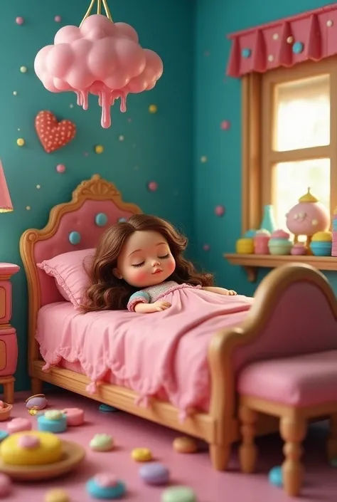  Create a drawing of a colorful room made of candies  .  The room has blue walls inside that room there is a candy bed and a doll is sleeping in that bed.  Above the doll with wavy brown hair is a cloud of melted chocolate 