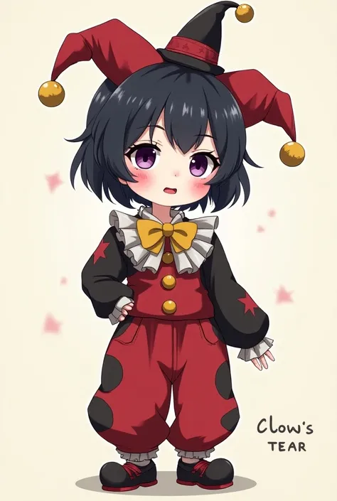  Create a book cover where it has a little clown with purple eyes ,Clown clothes and bells , And with clown makeup on her face
 ,  she has short hair ,  and in the middle of the image it says  " Clowns Tears Between Smiles and Shadows ", In anime cartoon s...