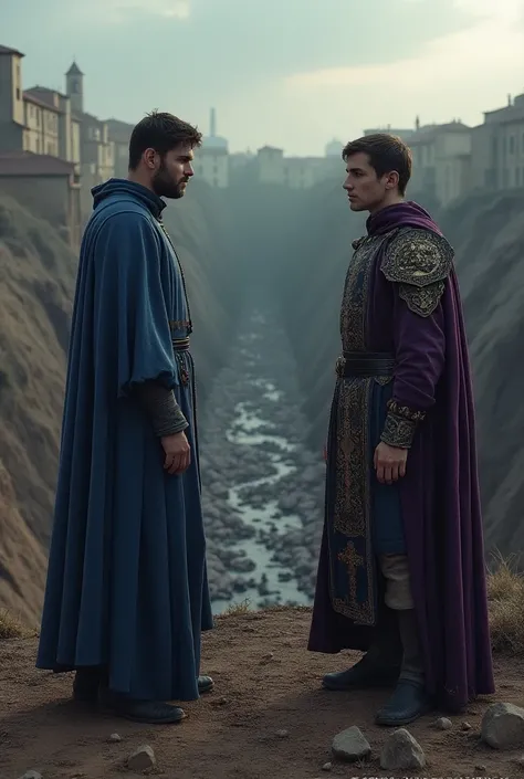 Outside a medieval city, a gigantic pit dug into the ground filled with dead bodies.. Above the ditch two men speak, One is a priest wearing a blue dress and the other is a noble young man dressed in purple and gold coats  