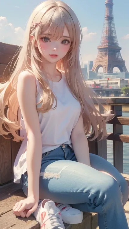  perfect quality, 、8K quality、masterpiece、Best Quality、real photos， too realistic ， realistic super photo ， Very detailed ， Aspiring girl ， like the whole body .，cute，close eyes，Smile， Long white hair ，Chip ，jeans，sneakers， sunlight ， I was carefully depic...