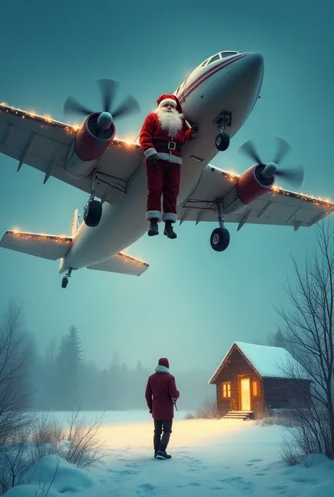 Father Christmas highlighting from a plane and a man waiting to pick him up